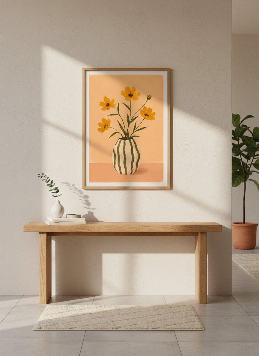 Minimalist Floral Wall Art Print | Boho Bedroom Decor | Framed Botanical Poster | Yellow Orange Aesthetic Ready to Hang