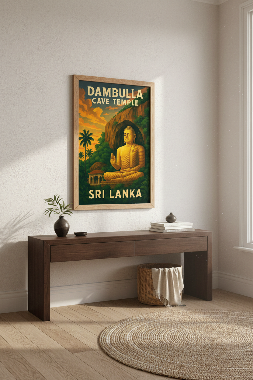 Retro Travel Dambulla Cave Temple Wall Art Print | Boho Living Room Decor | Sri Lanka Buddha Poster Gift