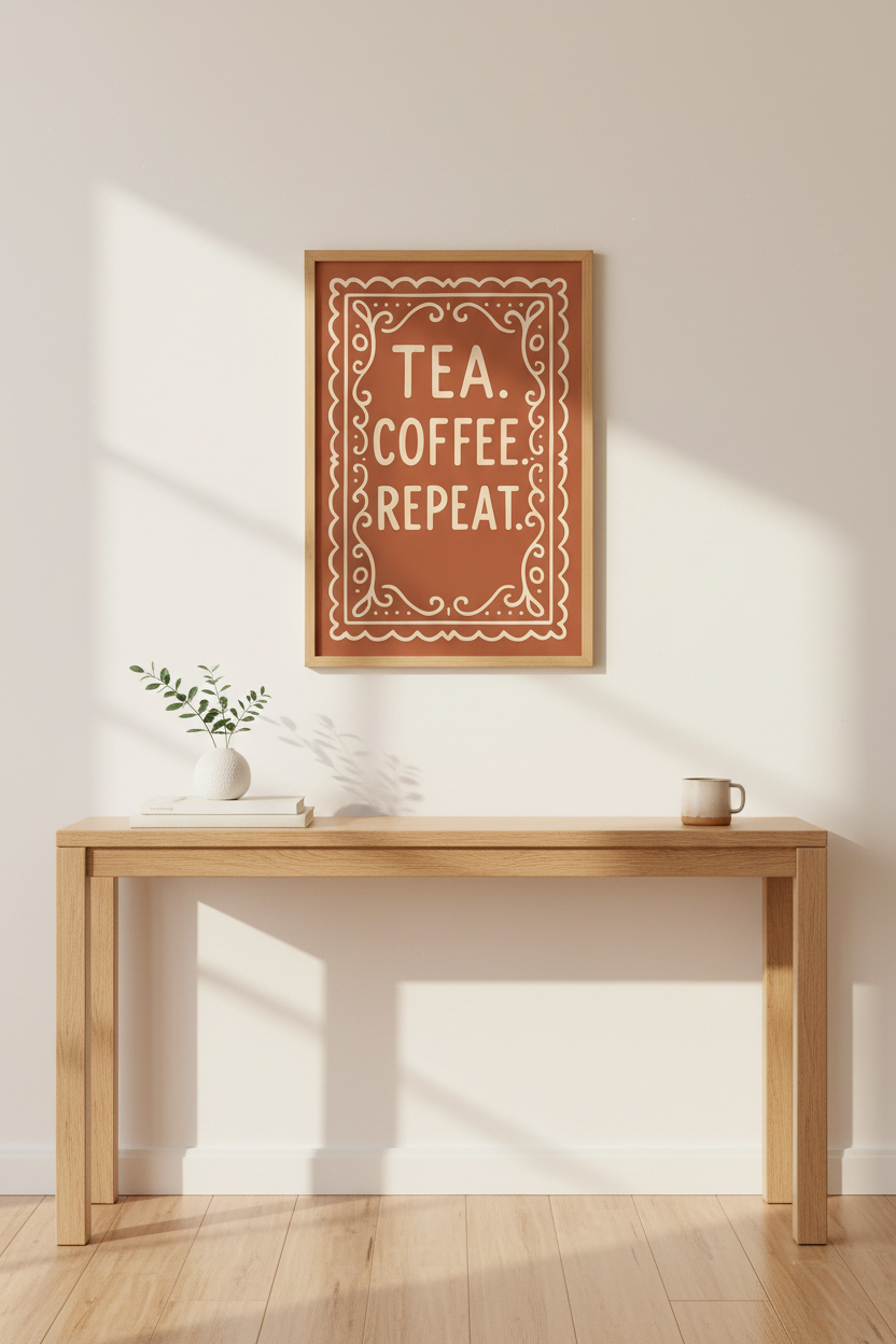 Rustic Ginger Tea Coffee Repeat Wall Art Print | Kitchen Cafe Decor | Coffee Lover Poster | Farmhouse Quote Sign