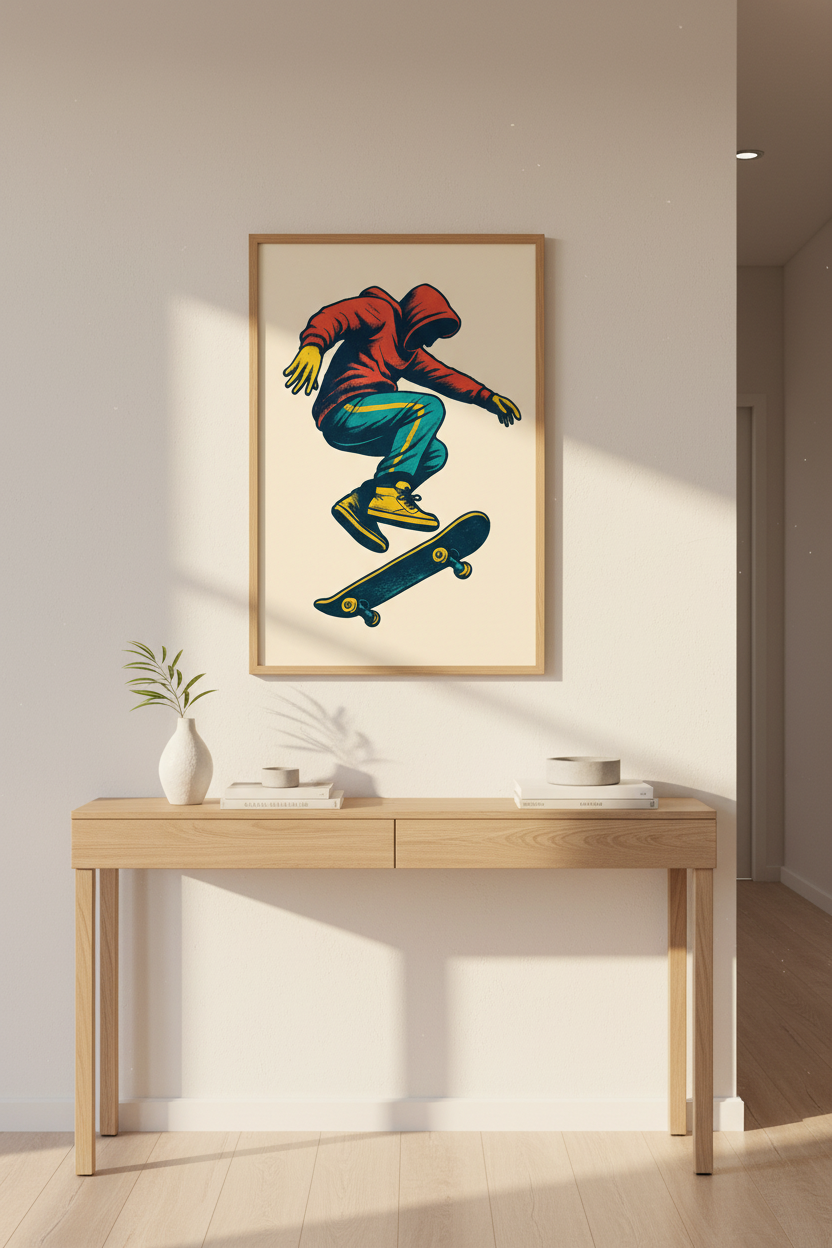 Retro Skateboarder Wall Art Print | Teen Room Decor | Urban Skater Kid Framed Poster | Ready to Hang Art Gift