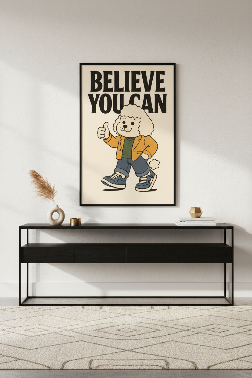 Retro Cartoon Dog Wall Art Print | Kids Room Decor | Motivational Poster | Believe You Can | Playroom Aesthetic | Digital Download