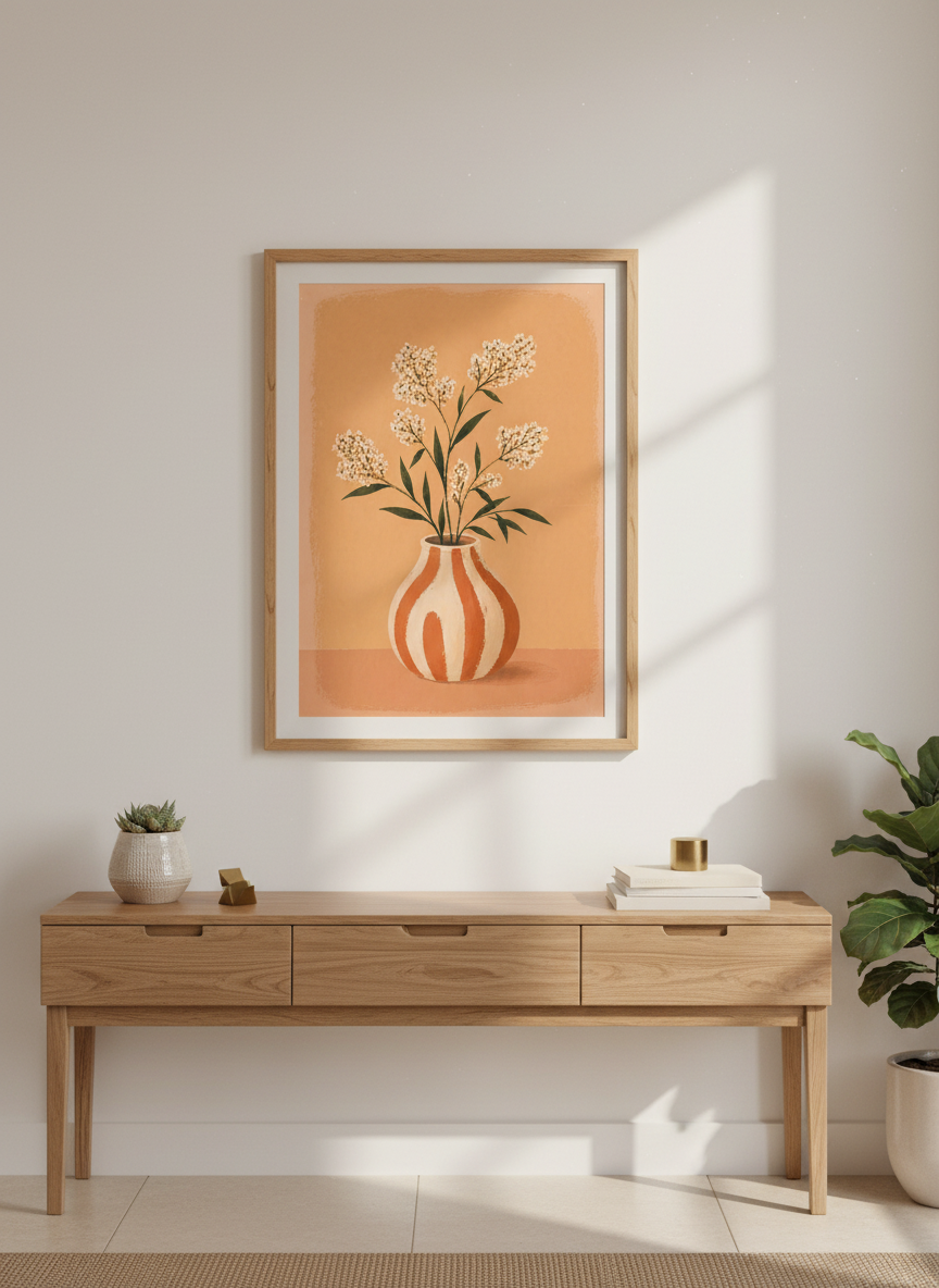 Abstract Floral Framed Wall Art with Striped Vase | Boho Living Room Decor | Warm Aesthetic Framed Poster Print