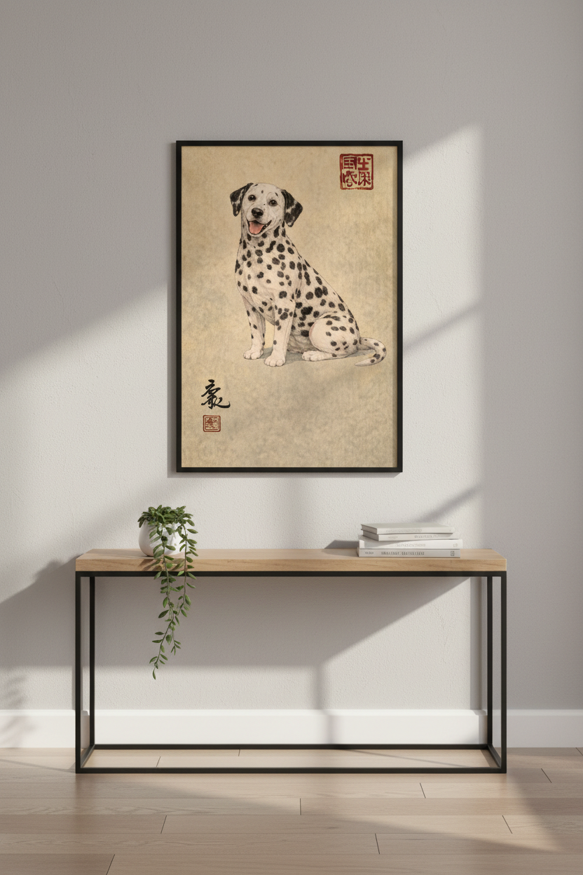 Japanese Art Dalmatian Wall Art Print | Dog Lover Gift | Japandi Nursery Decor | Cream Black Pet Portrait Poster
