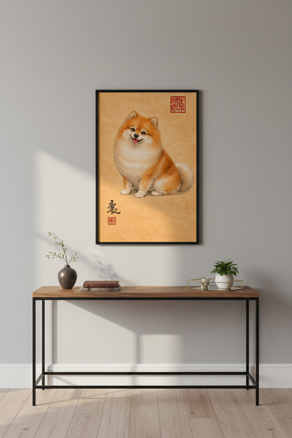 Chubby Pomeranian Wall Art | Adorable Fox Dog Print | Japanese Ink Wash Art Style Home Decor | Cute Fluffy Dog Poster