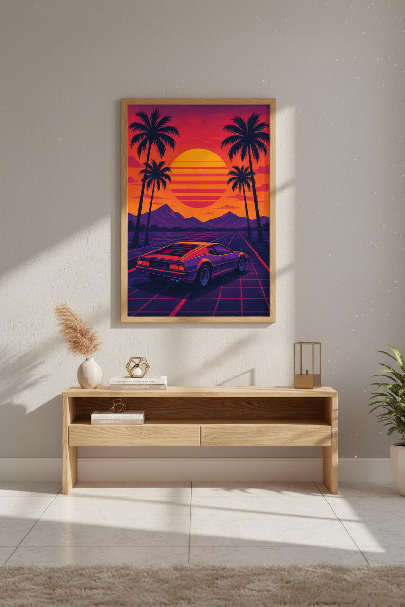 Aesthetic Synthwave Car Sunset Print | 80s Retro Futurism Wall Art | Neon Landscape Poster | Vaporwave Home Decor | Palm Tree Art Print