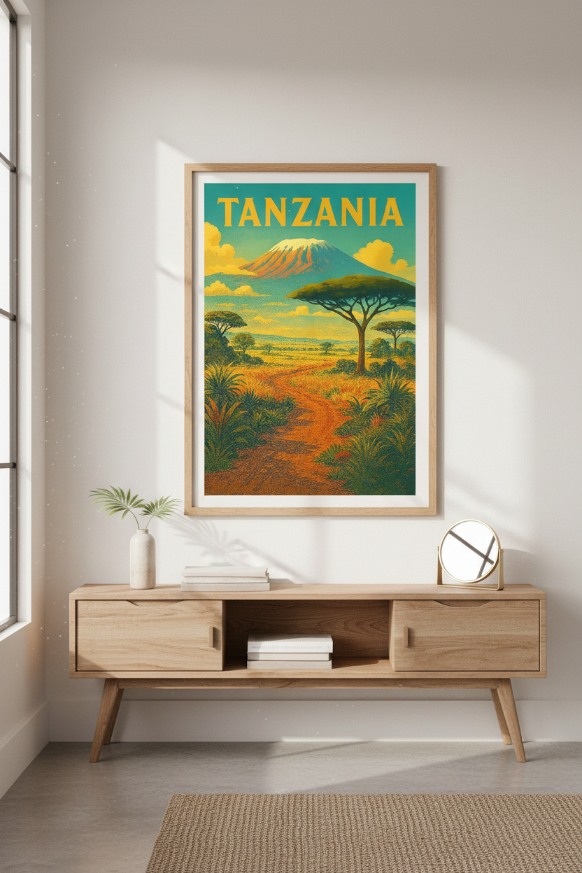 Vintage Tanzania Travel Art Print | Kilimanjaro Wall Decor | Mid Century Safari Poster | African Bohemian Home Decor