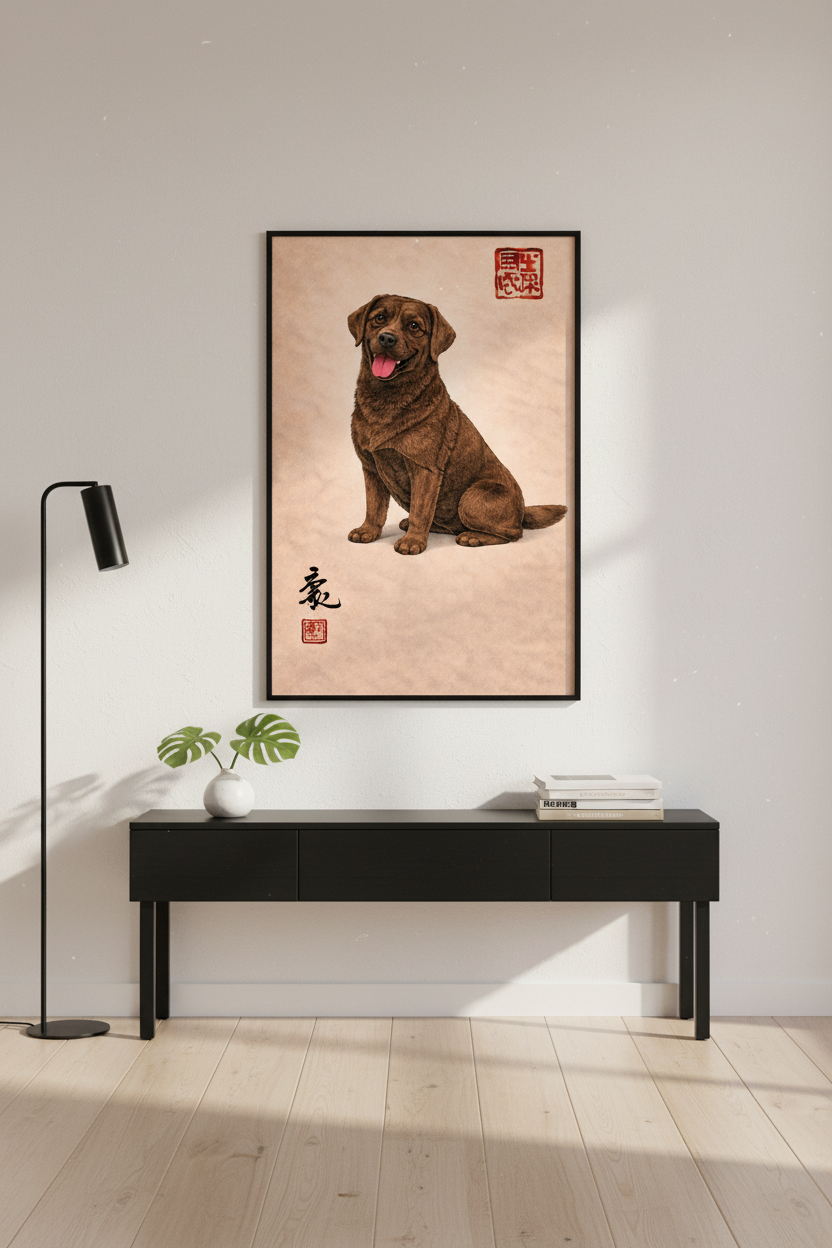 Choco Lab Dog Wall Art Print | Japanese Style Pet Portrait Poster | Brown Labrador Home Decor | Animal Wall Hanging Art