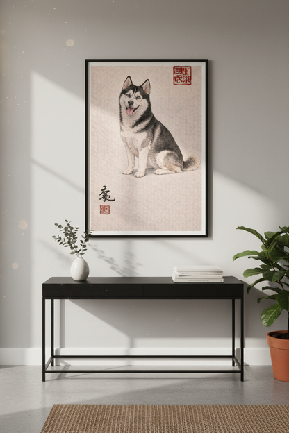 Siberian Husky Wall Art Print, Japanese Ukiyo-e Style Dog Poster, Hand-Drawn Pet Portrait, Dog Lover Home Decor, Animal Art Print