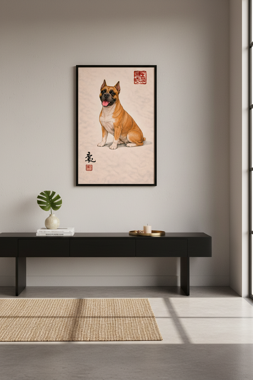 Boxer Dog Poster Print | Chinese Art Style Wall Hanging | Pet Portrait Dog Lover Gift | Unique Home Decor Wall Art