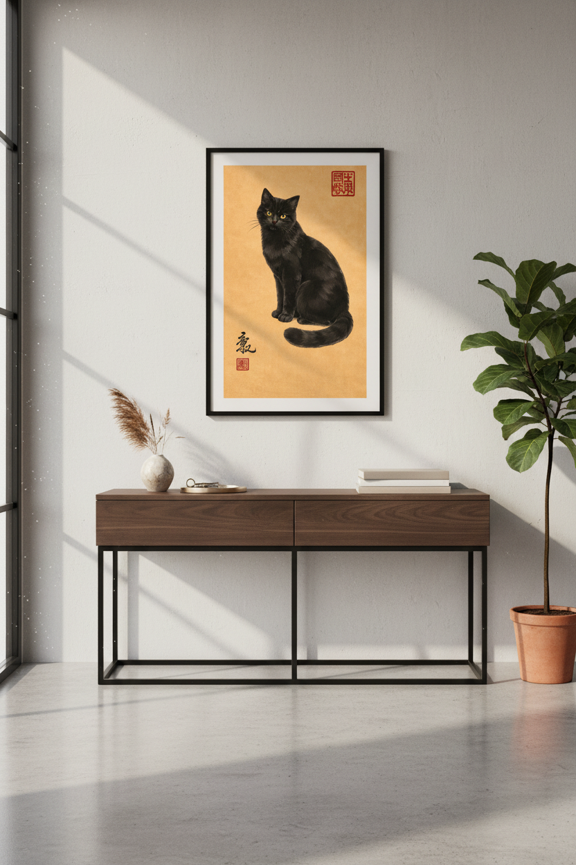 Black Cat Art Print, Japanese Sumi-e Style, Asian Art Wall Decor, Yellow Eyes Feline Poster, Minimalist Cat Wall Art, Home Decor Gift