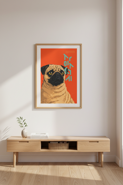 Pop Art Pug Dog Wall Art Print | Pet Lover Decor | Vibrant Orange Framed Poster | Retro Aesthetic Animal Art