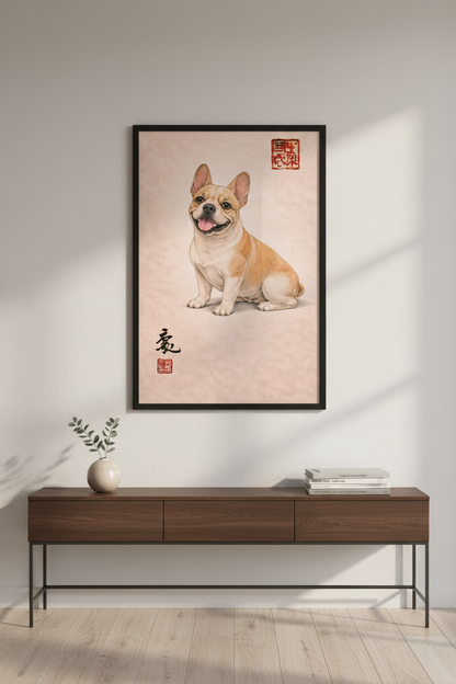 Illustration French Bulldog Art Print | Pet Lover Gift | Modern Animal Wall Decor | Beige Peach Aesthetic Poster