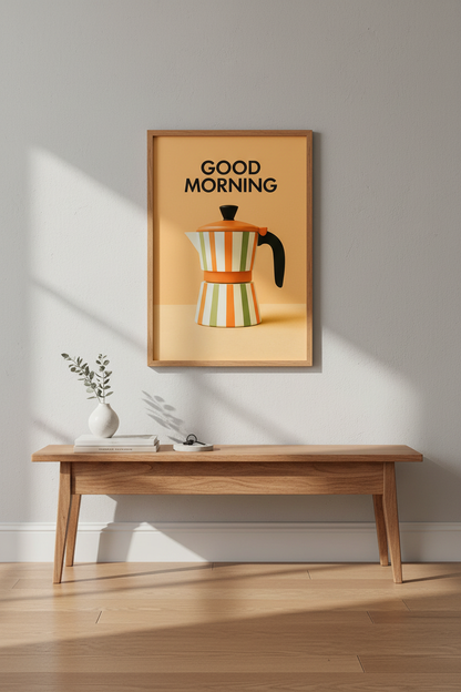 Retro Moka Pot "Good Morning" Wall Art Print | Kitchen Decor | Mid Century Modern Poster | Coffee Lover Gift