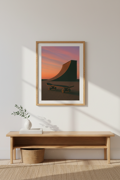 Minimalist Skateboard Wall Art Print | Teen Room Decor | Aesthetic Sunset Framed Poster | Skater Ready to Hang Art