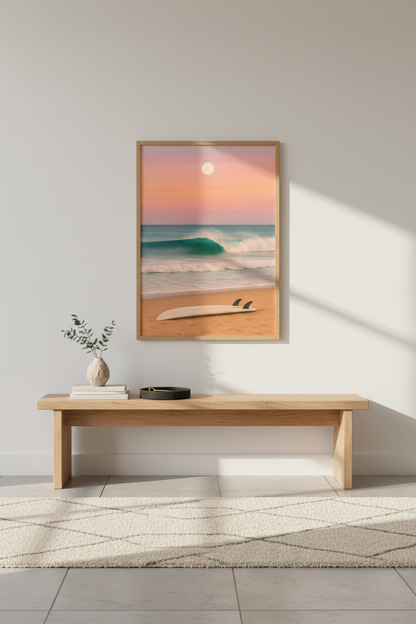Minimalist Beach Sunset Wall Art Print | Coastal Living Room Decor | Retro Surfboard Framed Poster