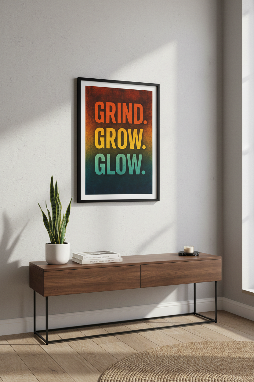 Grind Grow Glow Wall Art Print | Motivational Home Decor Poster | Inspirational Office Wall Hanging | Success Life Quote