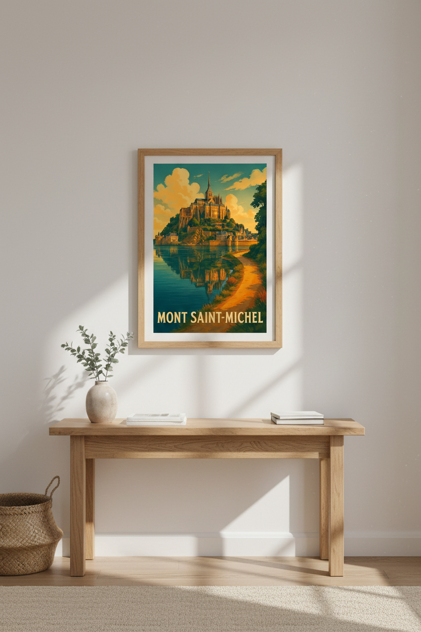 Retro Mont Saint-Michel Wall Art Print | Travel Poster French Decor | Vintage Coastal Landscape Housewarming Gift
