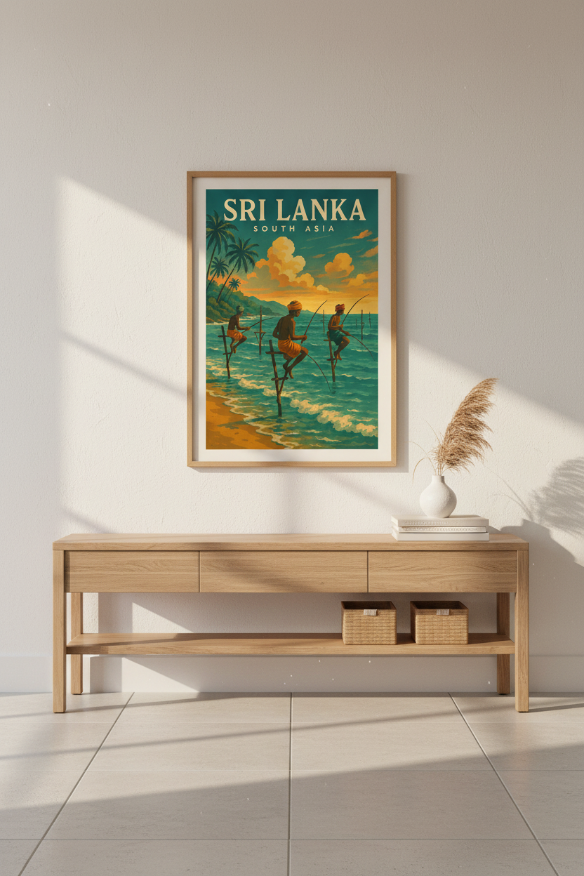 Vintage Travel Poster | Sri Lanka Stilt Fishing Wall Art | Retro South Asia Ocean Print | Coastal Living Room Decor | Beach House Art