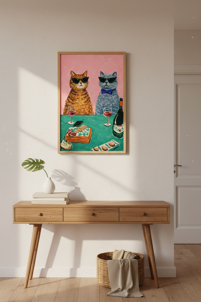 Eclectic Cat Painting Wall Art Print | Funny Animal Dining Room Decor | Maximalist Kitchen Poster, Cat Lover Gift