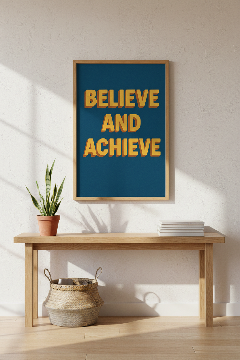 Retro Inspirational Wall Art Print | Believe and Achieve Quote Framed Poster | Office Motivation Decor | Modern Aesthetic Art