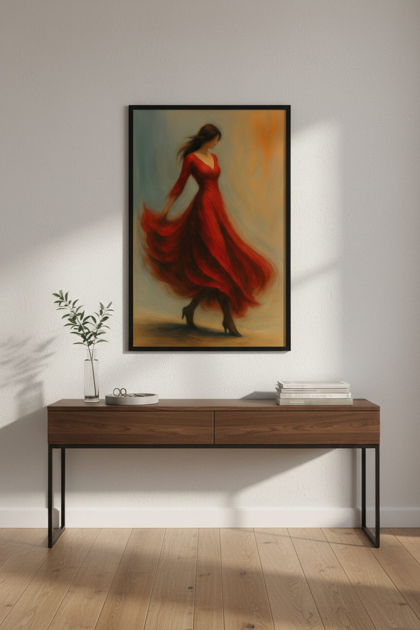 Abstract Woman in Red Dress Wall Art Print | Living Room Decor | Elegant Romantic Poster | Figurative Moody Wall Decor