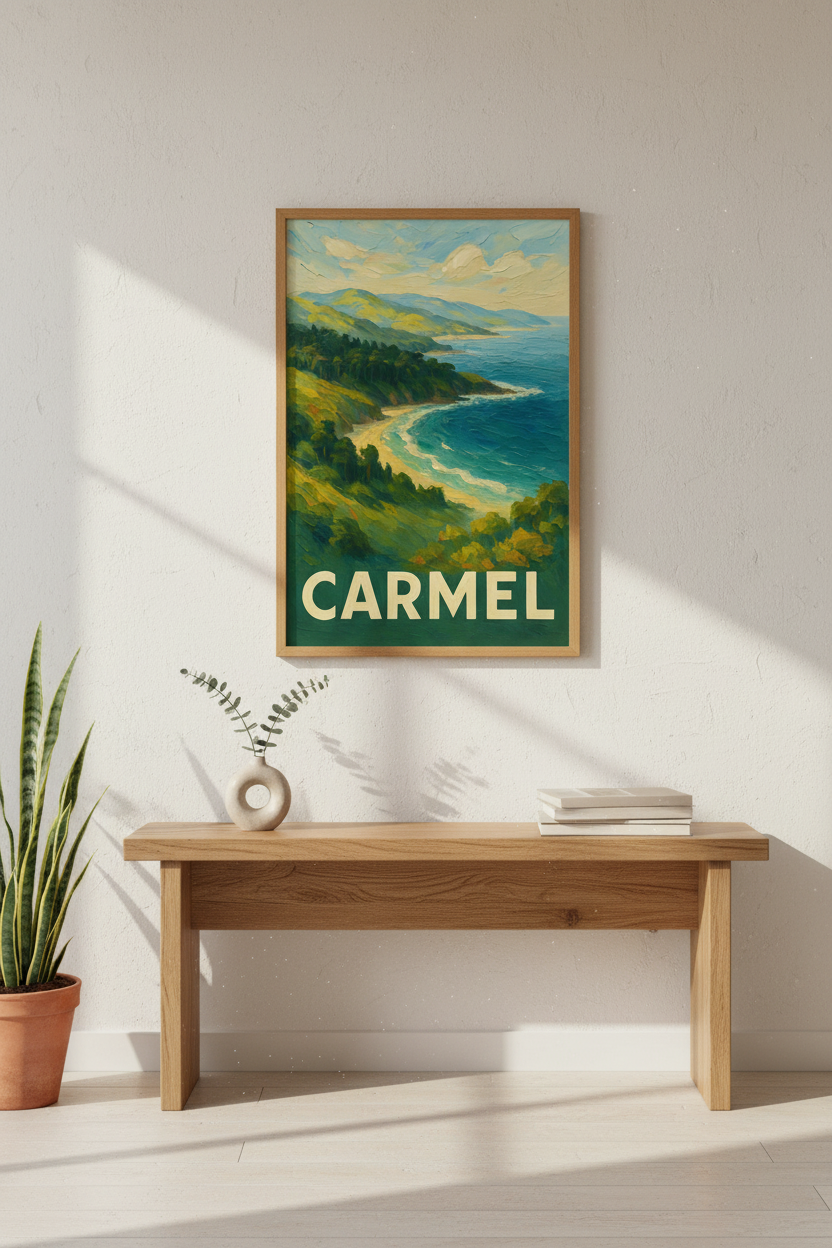 Carmel California Coastal Wall Art Print | Ocean Landscape Travel Poster | Vintage Oil Painting Style Room Decor