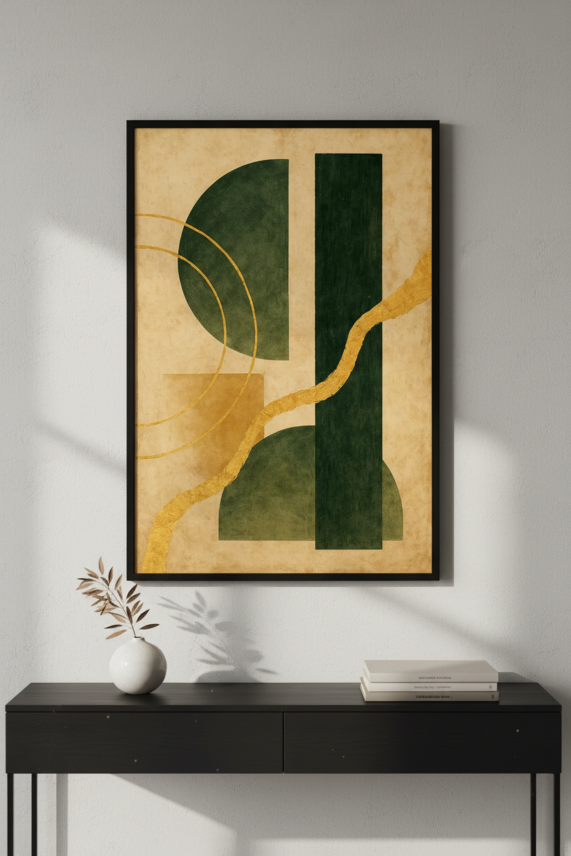 Abstract Geometric Wall Art Print | Modern Emerald Gold Living Room Decor | Mid Century Mustard Sage Poster