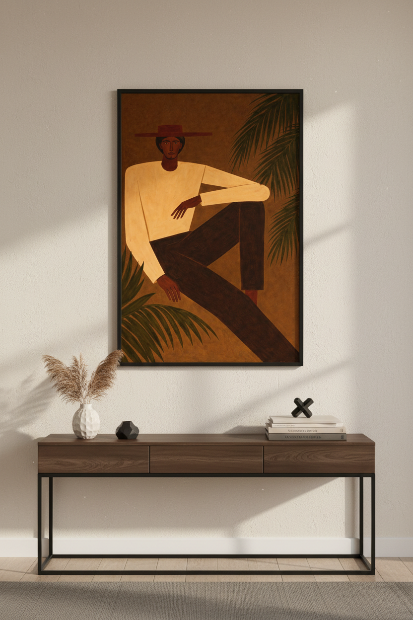 Minimalist Figure Art Print, Modern Boho Wall Art, Sitting Man with Palm Leaves Poster, Earth Tone Home Decor, Contemporary Wall Hanging
