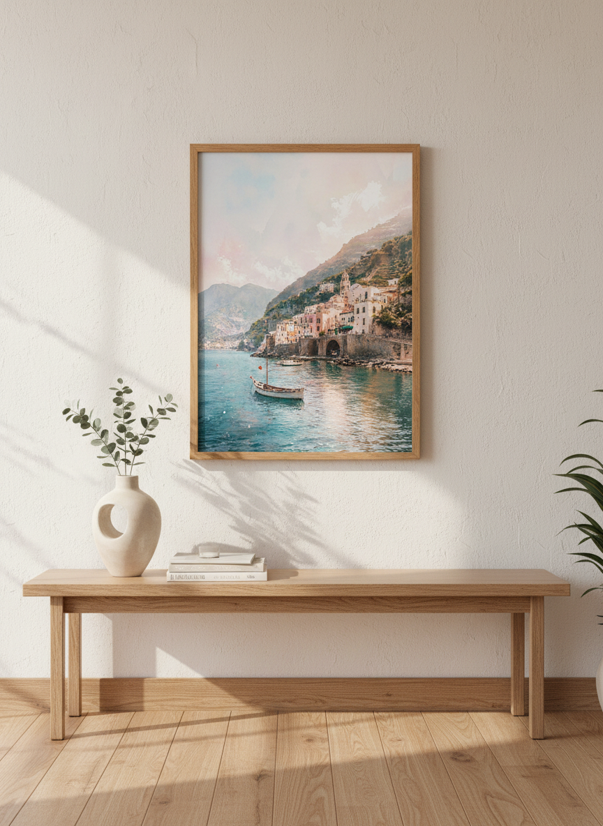 Amalfi Coast Town Watercolor Print | Italy Travel Decor, Mediterranean Coastal Art