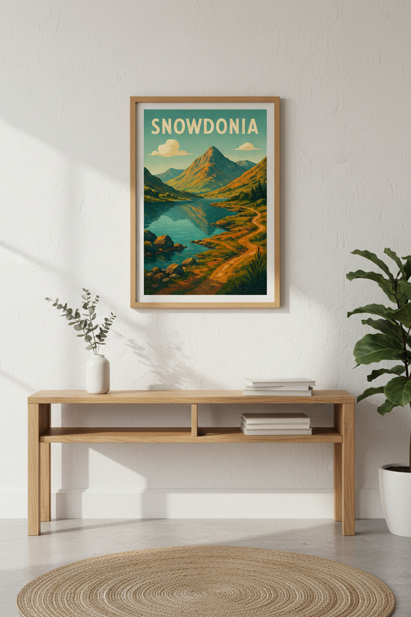 Retro Travel Snowdonia Wall Art Print | Mid Century Landscape Poster | Lake &amp; Mountain Decor | Wales Home Nature Gift