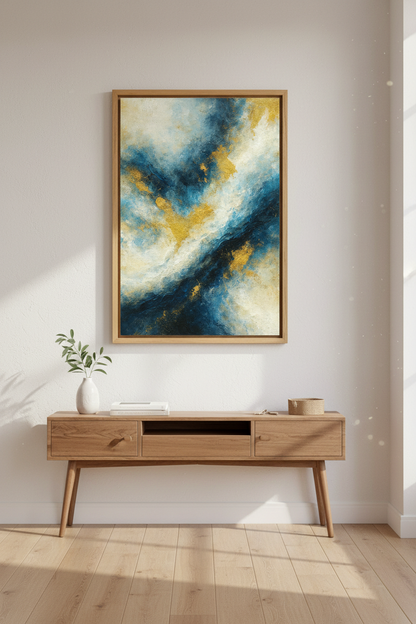 Abstract Gold Blue Wall Art Print | Teal Living Room Decor | Modern Luxe Poster | Fluid Ocean Aesthetic Painting