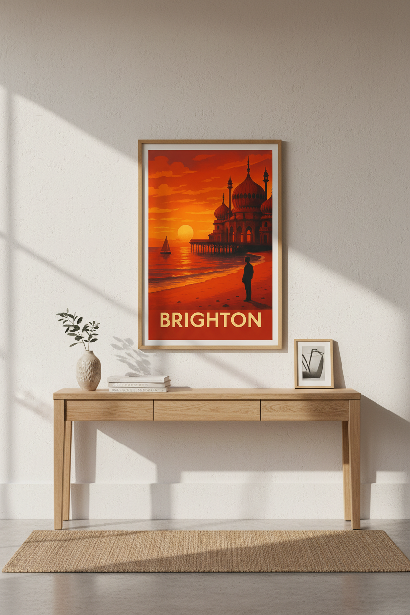 Retro Brighton Sunset Wall Art Print | Mid Century Modern Decor | Vintage Travel Poster Framed Art | Ready to Hang