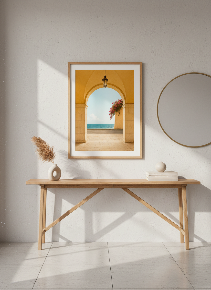 Coastal Archway Sea View Framed Art Print | Mediterranean Decor | Summer Beach House Poster