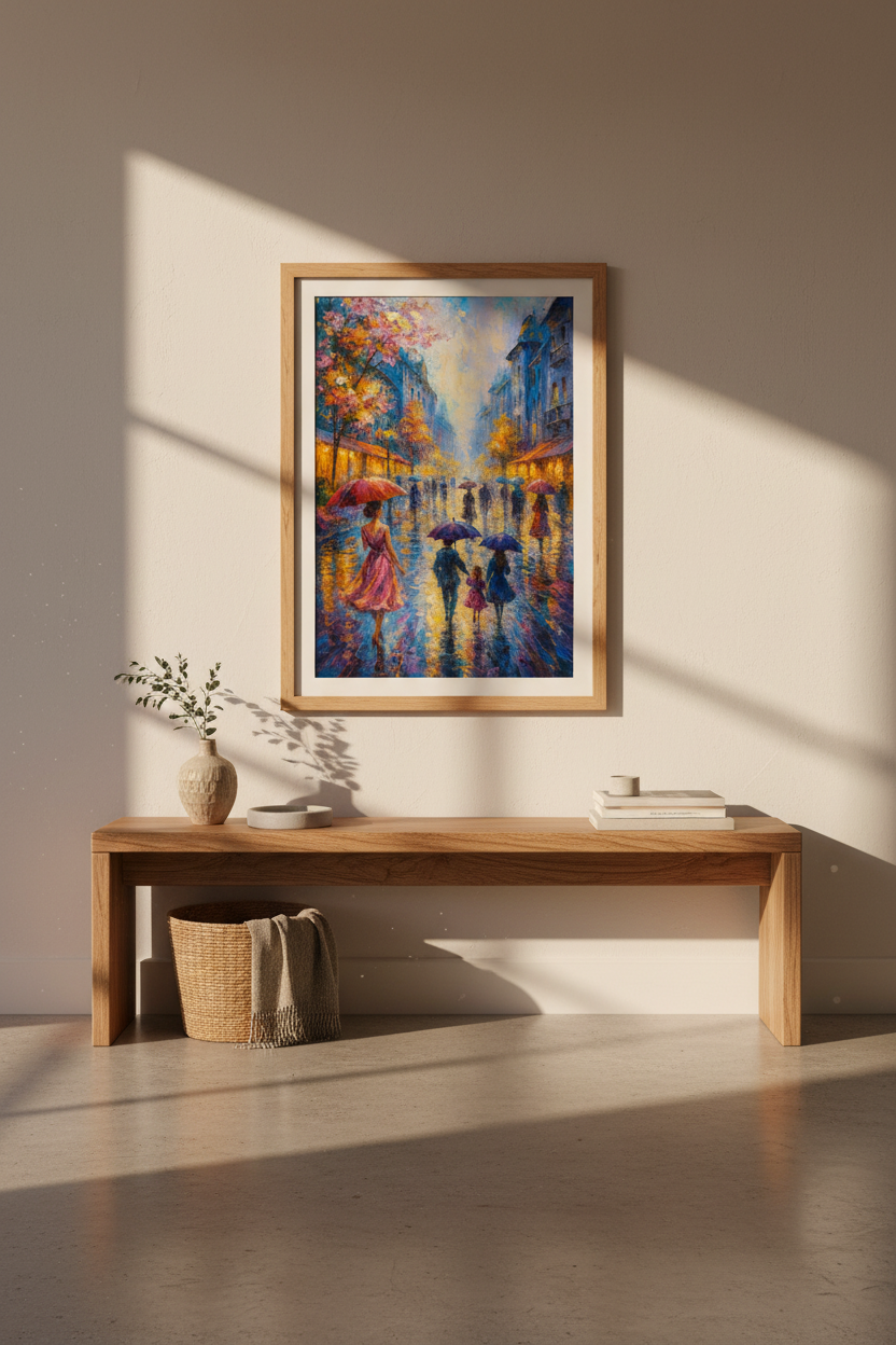 Impressionist Rainy City Wall Art Print | Vibrant Street Scene Decor | Colorful Abstract Couple Poster