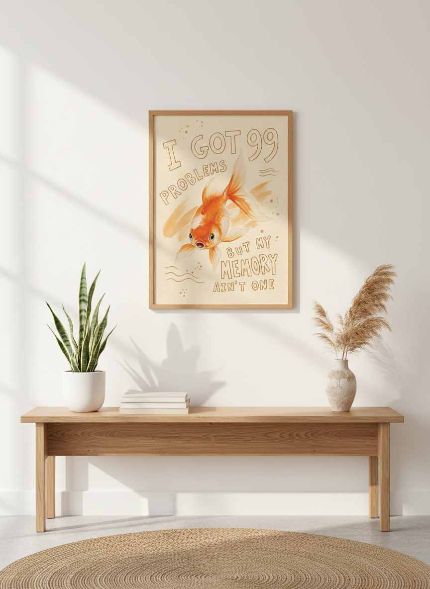 Goldfish Memory Pun Art | Funny Animal Kitchen Decor, Cute Humor Poster