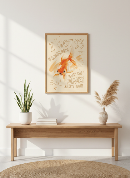 Goldfish Memory Pun Art | Funny Animal Kitchen Decor, Cute Humor Poster