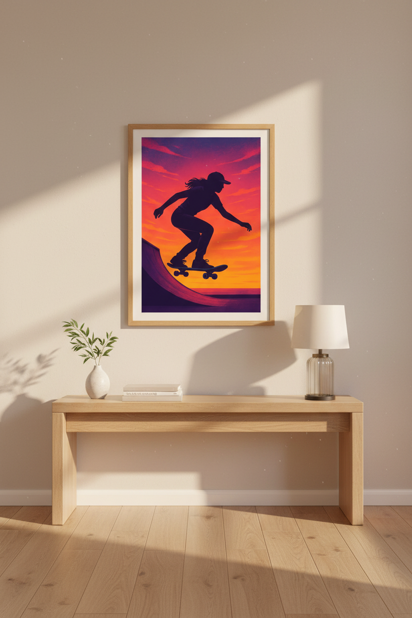Retro Skater Wall Art Print | Vibrant Sunset Skateboard Decor | Framed Aesthetic Poster for Teen Room &amp; Game Room