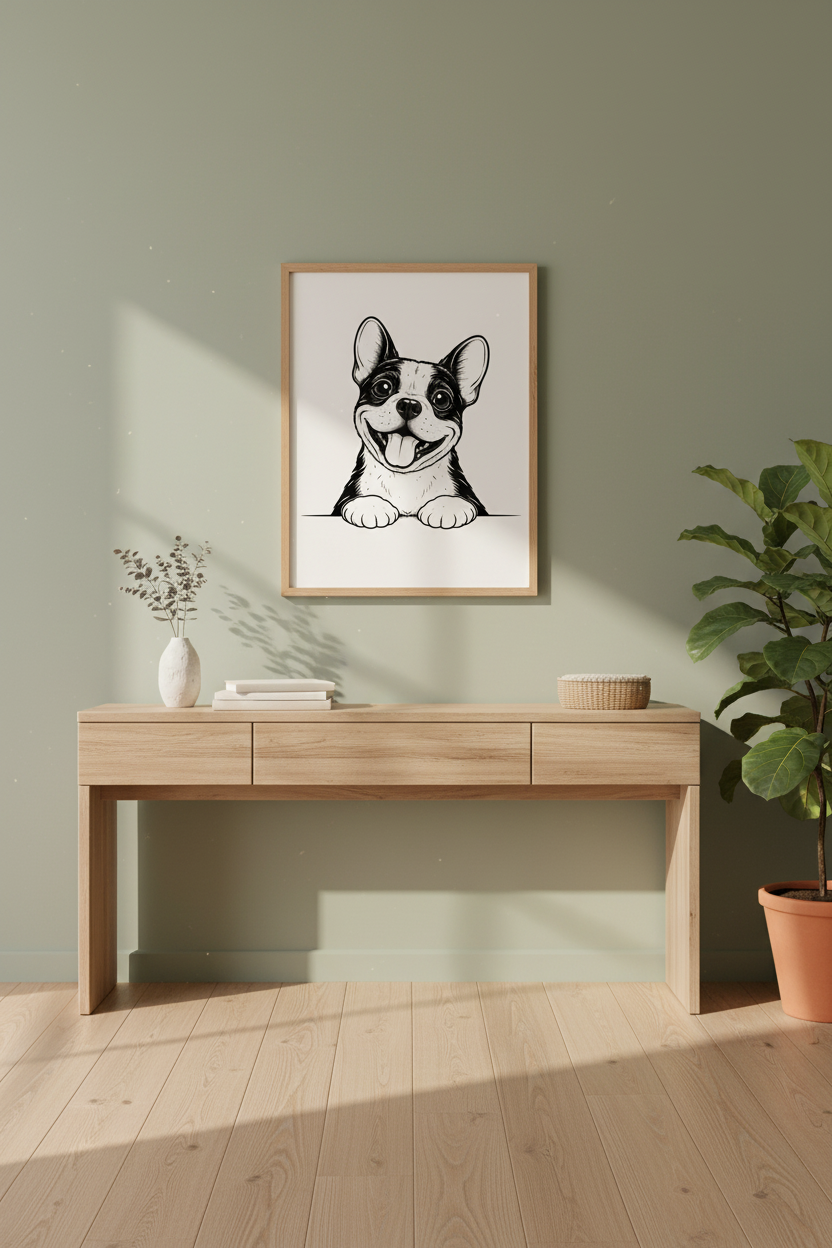 Minimalist French Bulldog Wall Art Print | Pet Themed Decor | Cute Bulldog Poster | Dog Lover Gift | Black &amp; White Happy Puppy