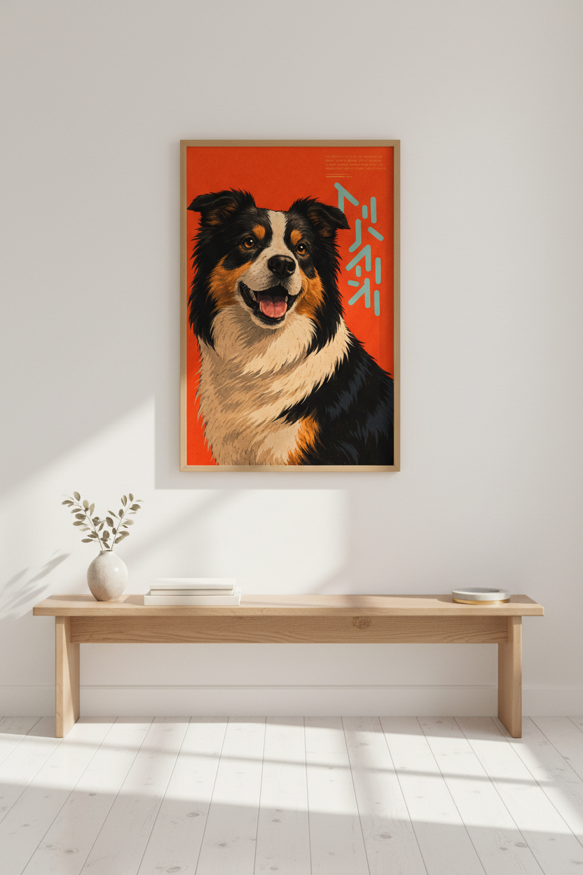 Retro Dog Wall Art Print | Happy Australian Shepherd Poster | Cute Dog Lover Decor | Mid Century Modern Framed Art