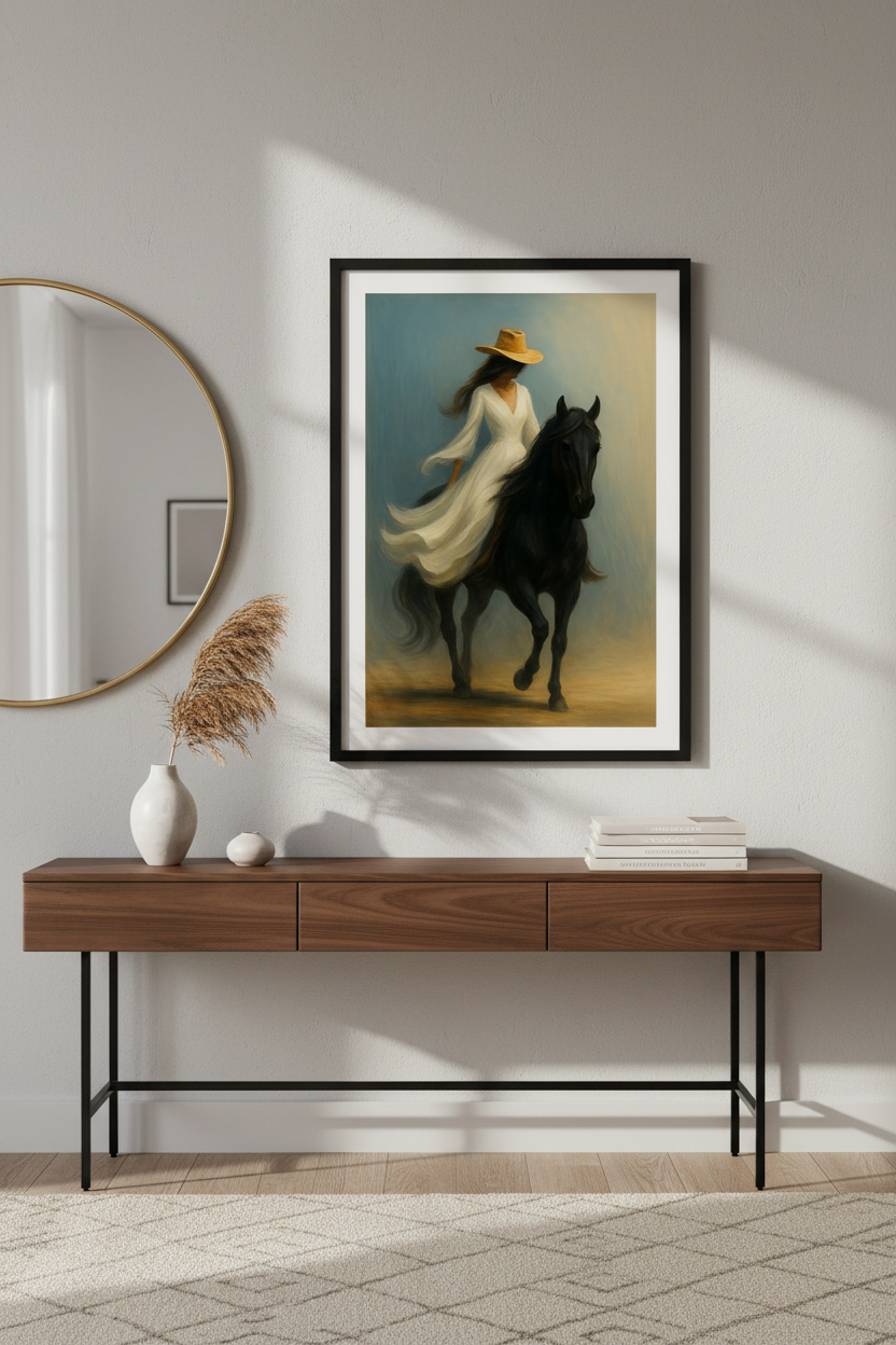 Minimalist Western Art Print | Cowgirl on Horse Wall Decor | Neutral Bohemian Poster | Farmhouse Equestrian Digital Download