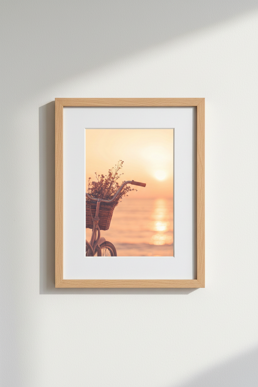 Sunset Bicycle Floral Basket Scene Wall Art Print | Living Room Decor | Warm Boho Poster