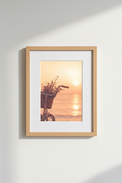 Sunset Bicycle Floral Basket Scene Wall Art Print | Living Room Decor | Warm Boho Poster