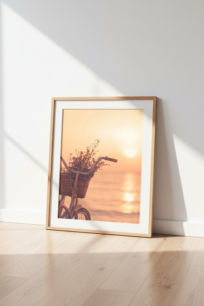 Sunset Bicycle Floral Basket Scene Wall Art Print | Living Room Decor | Warm Boho Poster