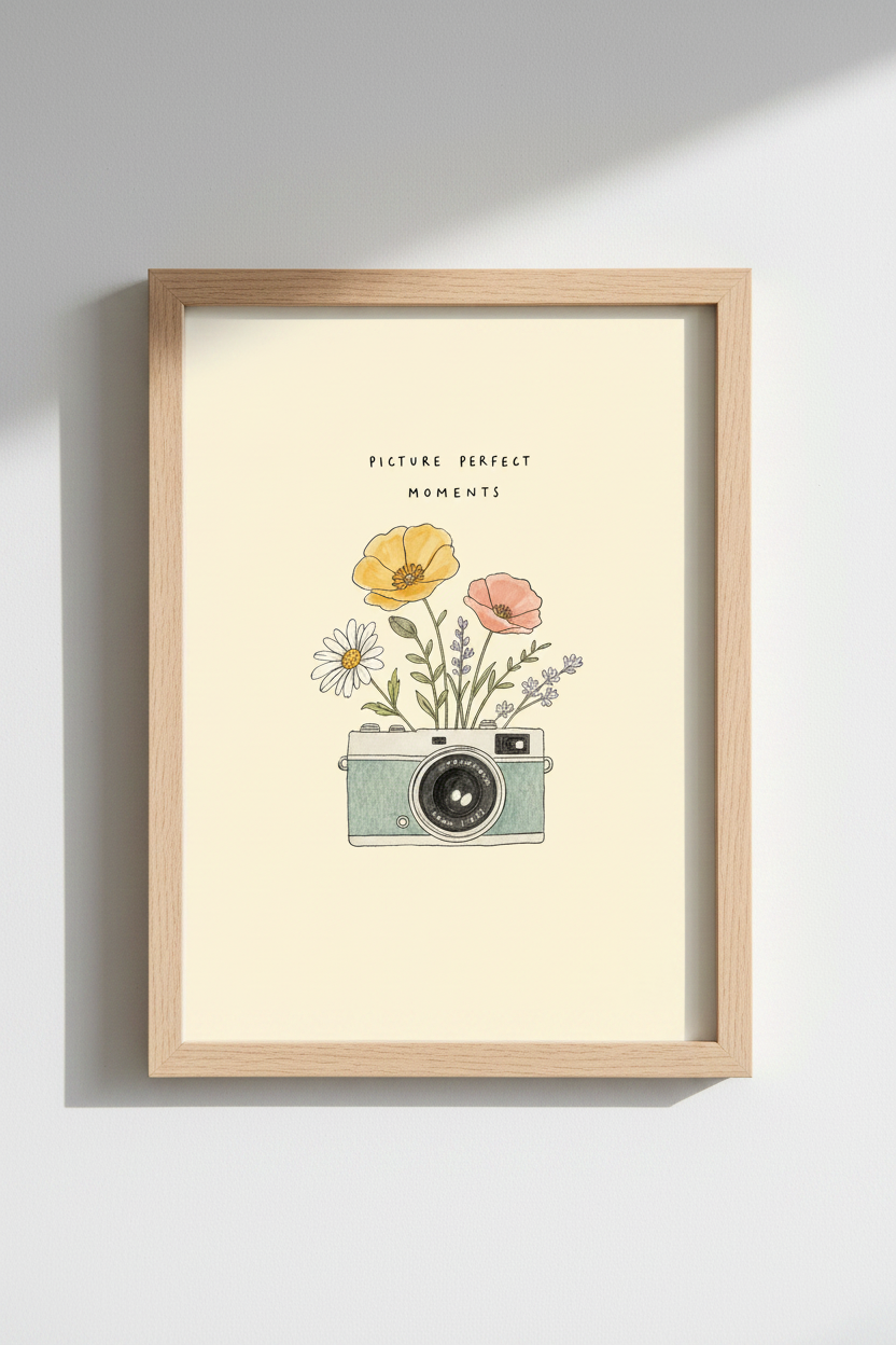 Vintage Aesthetic Wall Art | Retro Floral Camera Print, Pastel Photography Decor