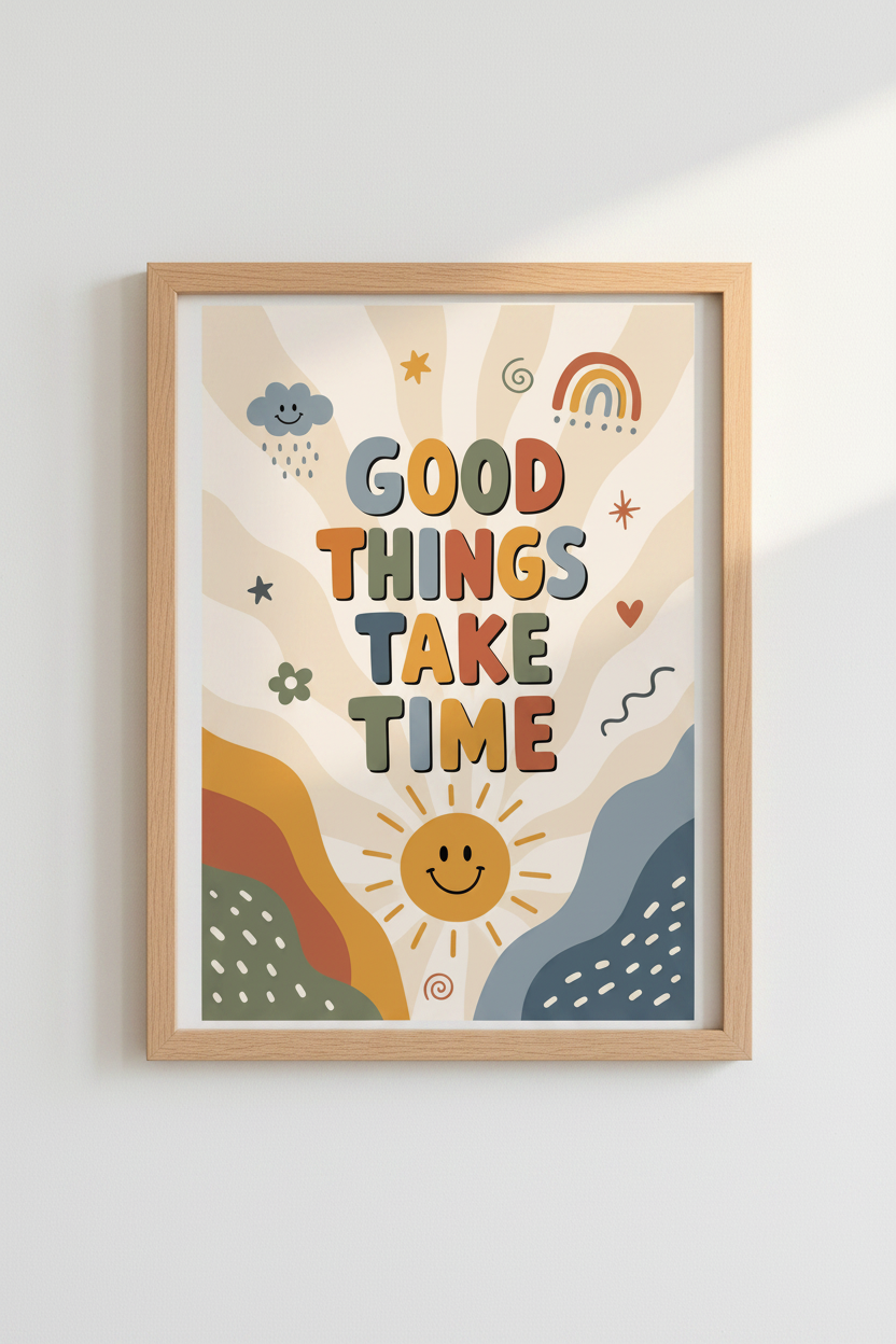 Good Things Take Time Wall Art | Boho Retro Poster, Motivational Home Office Decor