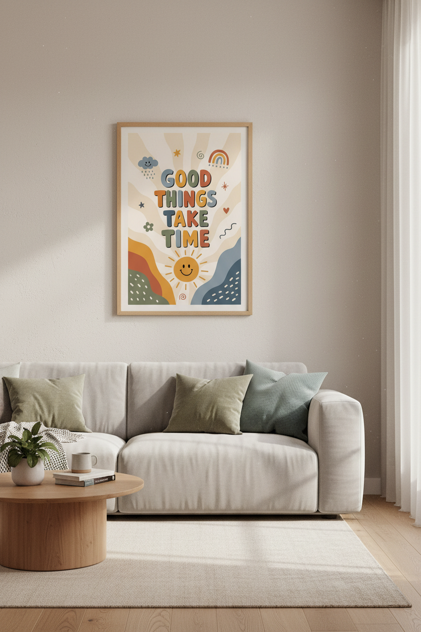 Good Things Take Time Wall Art | Boho Retro Poster, Motivational Home Office Decor