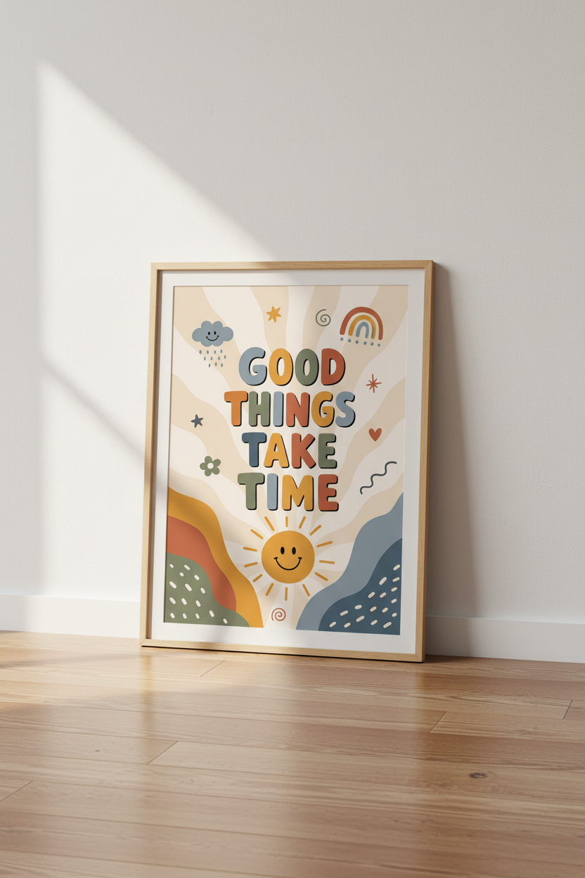 Good Things Take Time Wall Art | Boho Retro Poster, Motivational Home Office Decor