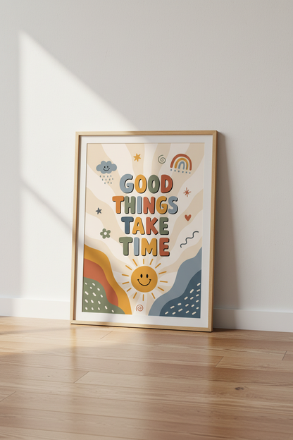 Good Things Take Time Wall Art | Boho Retro Poster, Motivational Home Office Decor