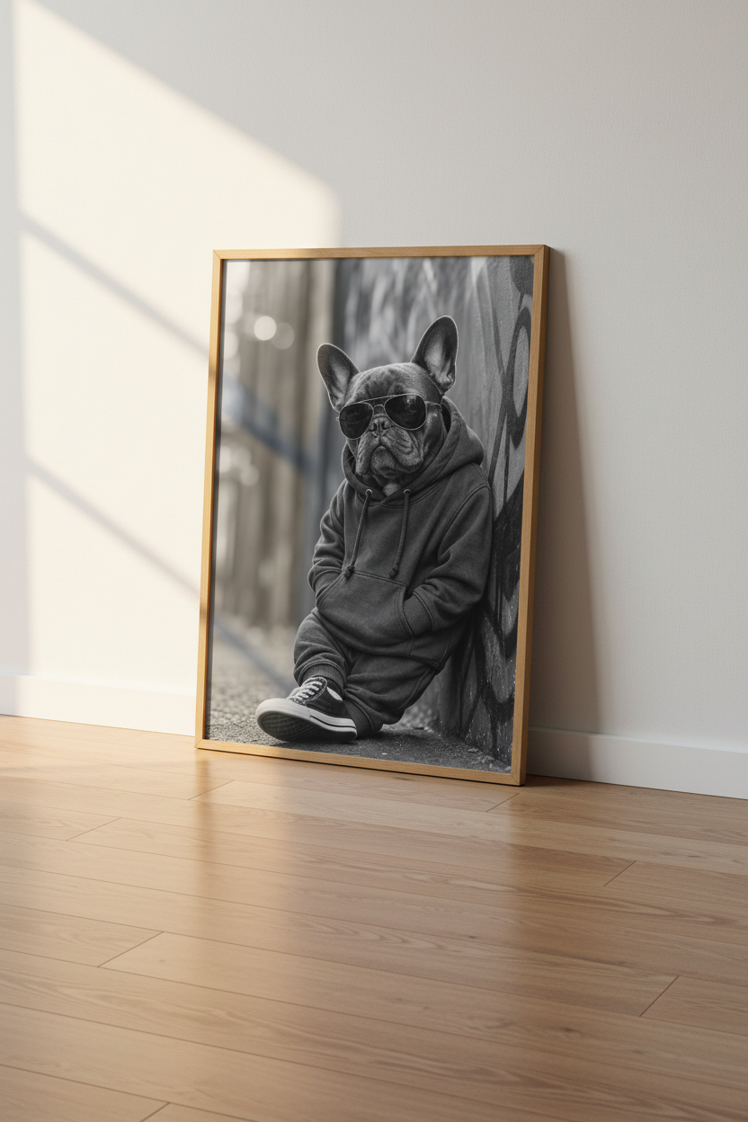 Cool French Bulldog Wall Art | Urban Streetwear Dog Poster | Black and White Room Decor