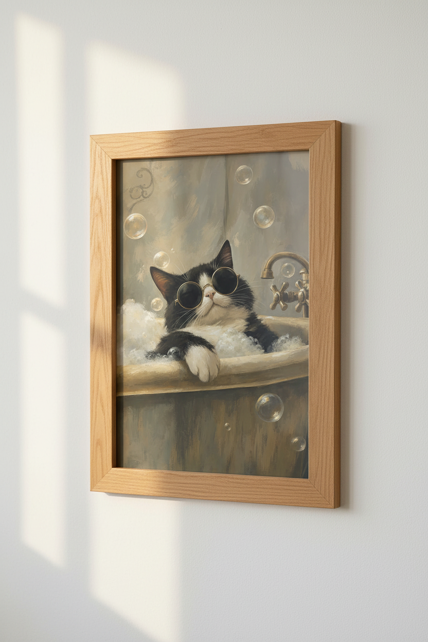 Cool Cat in Bathtub Wall Art | Funny Tuxedo Cat Poster, Bathroom Decor